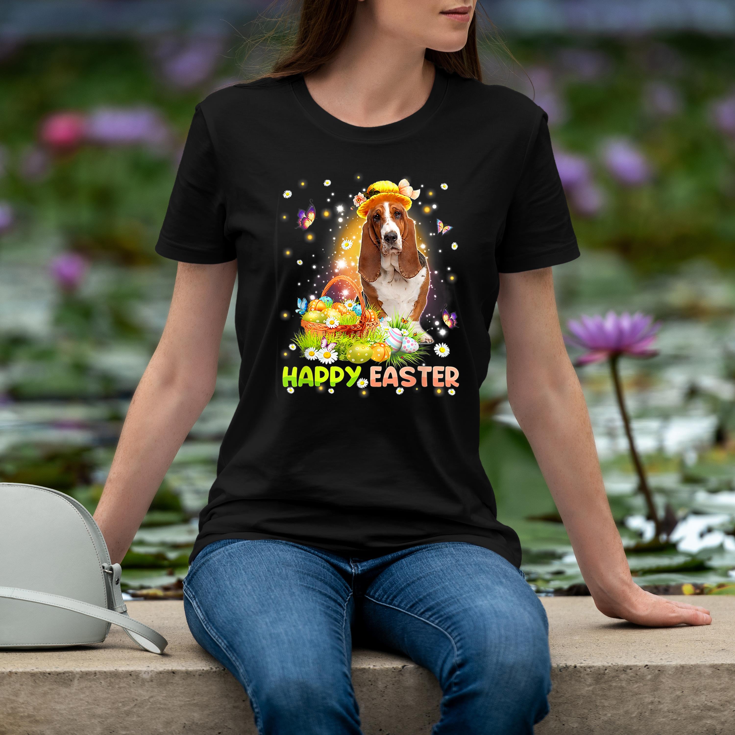 Happy Easter Cute Bunny Dog Basset Hound Eggs Basket Funny Shirt 